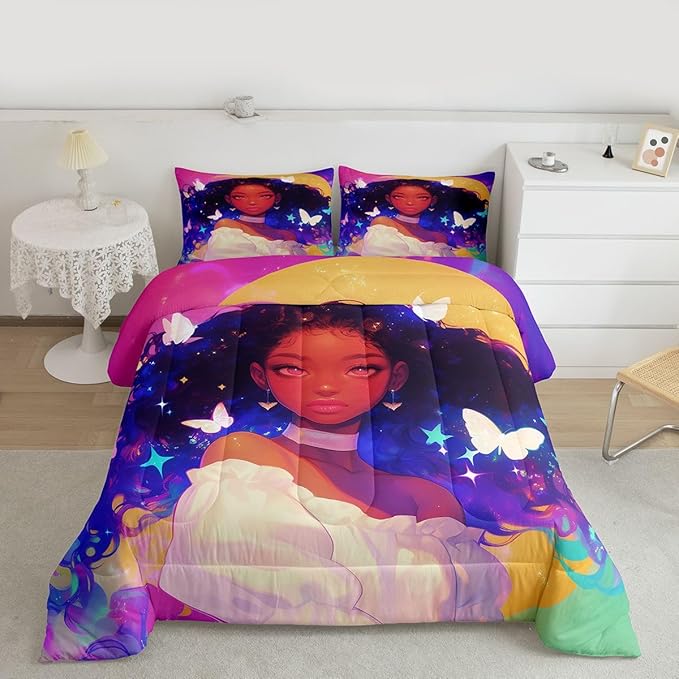 Erosebridal Black Princess Bedding Sets American Afro-Girl Comforter Set Moon Galaxy Girl Butterfly Decorations Bedding King