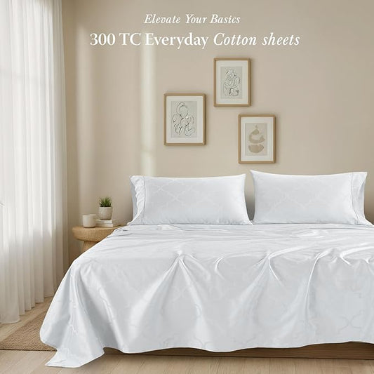 Threadmill Cotton Full Size Sheet Set | 100% Cotton Sheets for Full Size Bed | Damask Jacquard Full Bed Sheets Set with 16” Deep Pocket | Soft Sateen Weave 4-Piece Cooling Bedding Set | White