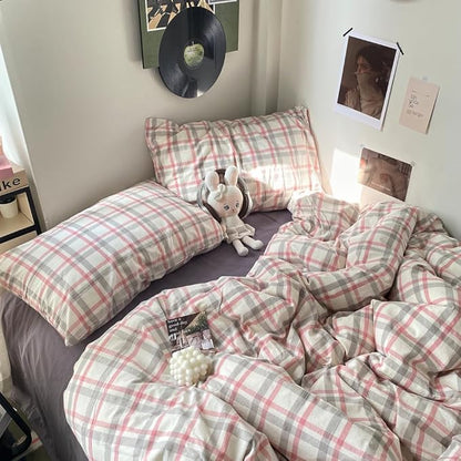 EAVD Vintage Style Plaid Duvet Cover King Grey Pink Grid Soft 100% Washed Cotton Reversible Bedding Set Farmhouse Grid Checkered Bedding Set with 2 Pillowcases Modern Gingham Duvet Cover with Zipper