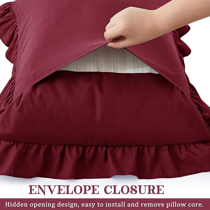 KKJIAF Ruffle Pillow Cases Queen Size Set of 2, Ruffled Pillow Covers with Envelope Closure, Wrinkle Resistant Ruffled Pillow Shams 20" x 30", Burgundy