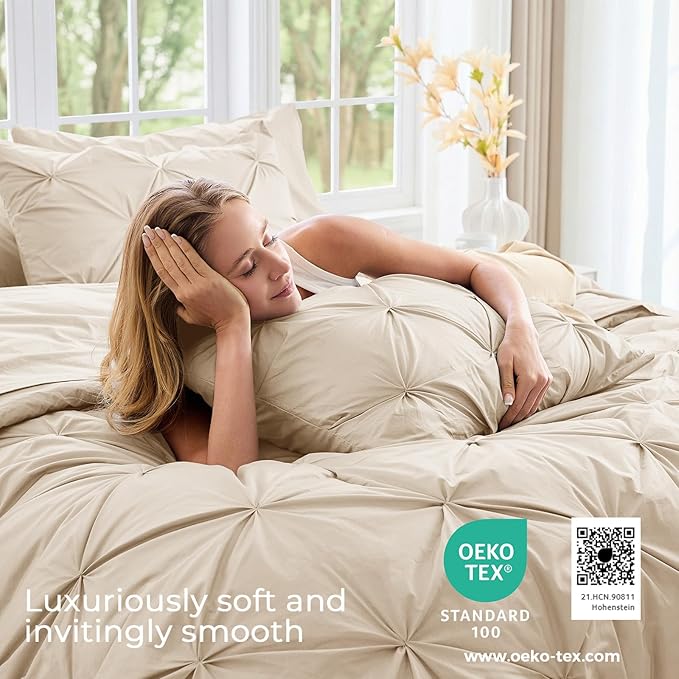 Sasttie Twin XL Comforter Set, 5-Piece Bed in a Bag, Pintuck Bedding Sets for All Season, Includes Comforter, Flat Sheet, Fitted Sheet, Pillowcase and Pillowsham, Warm Beige