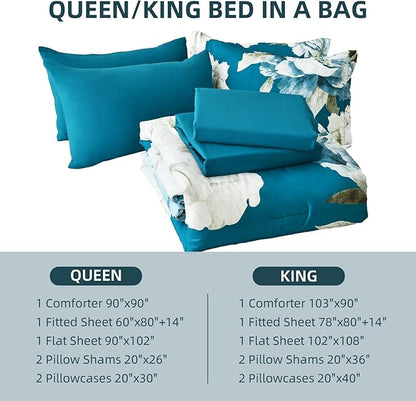 Dobuyly Teal Comforter Set King 7 Piece Bed in a Bag, Teal Blue Floral Printed Comforter Set with Sheets, Soft Microfiber Botanical Complete Bedding Set for All Season