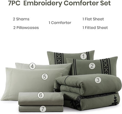MaiRêve Super King Comforter Set Dark Olive Green, Embroidery Western Boho Bedding Set 7 Pieces, All Season Farmhouse Bed in A Bag Comforter Set with Sheets, Pillowcases & Shams