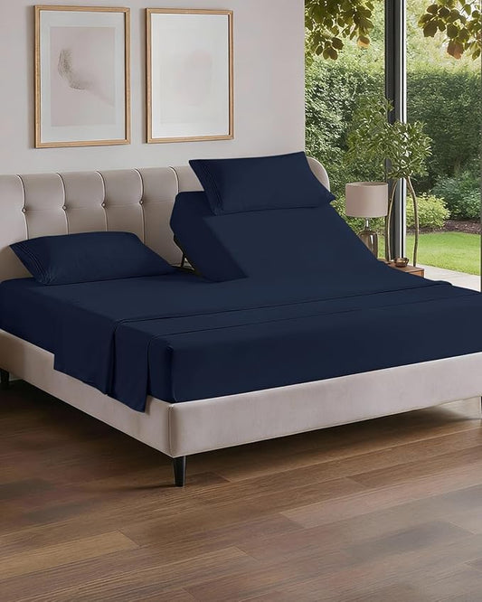 Flex Top Split Head King 4 Piece Sheet Set - Comfy Breathable & Cooling Bed Sheets Set - Hotel Luxury Bedding for Women, Men, Kids, Teens, Boys & Girls - Deep Pockets, Soft and Oeko-Tex - Navy Blue