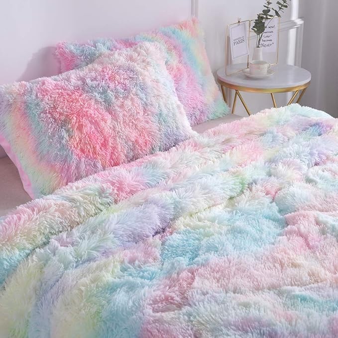 Wajade Faux Fur Plush Rainbow Comforter Set Fluffy Fuzzy Shaggy Bedding Set - 3PC King Size Microfiber Soft Warm Quilt Set