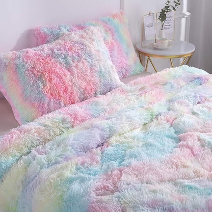 Wajade Faux Fur Plush Rainbow Comforter Set Fluffy Fuzzy Shaggy Bedding Set - 3PC Full/Queen Microfiber Soft Warm Quilt Set