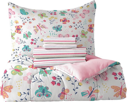 Dream Factory Kids 7-Piece Complete Bed Set Easy-Wash Super Soft Microfiber Comforter Bedding, Full, Pink Butterfly Garden