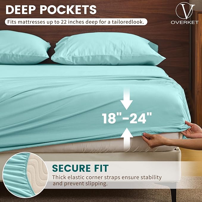 100% Linen Sheet Set Cal King Size Extra Deep Pocket Fits 18-24 Inch Mattress, Breathable & Soft, Smooth 6-Piece Set for Thick Mattresses Hotel Luxury Bedding（Cal King, Light Blue）