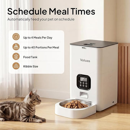 VOLUAS Automatic Cat Feeder, 6L Timed Dry Food Dispenser for Cats & Dogs | Programmable Portion Control, Up to 4 Meals Daily, Dual Power Supply, Power-Off Memory, 10-Second Voice Recorder