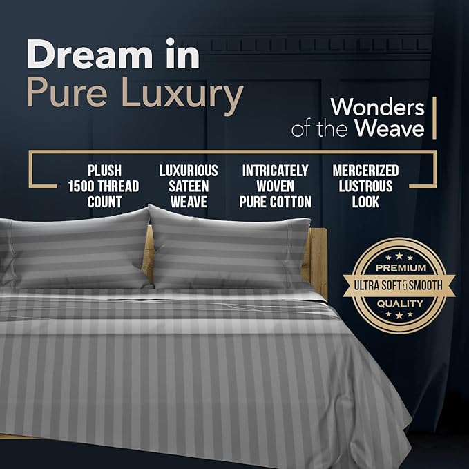 Texas Linen Co. 100% Egyptian Cotton Pillow Cases Standard/Queen Size Set of 2 - Luxury 1500 Thread Count Sateen Dark Grey Stripe Pillow Cases, Soft Cotton Pillowcases Fits Standard & Queen Pillows
