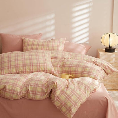 Plaid Queen Bed Comforter Set Washed Cotton Boho Bedding Set Down Alternative Farmhouse Fluffy Soft Bedding Comforter Sets Washable Cute Cozy All Season Bed Comforter with 2 Pillowcases