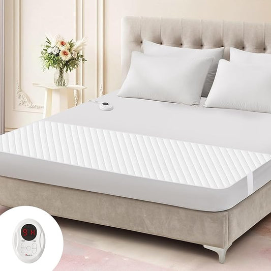 Bwarm Waterproof Heated Mattress Pad, ETL Certified Bed Warmer with 9 Heat Settings, 1-12 Hours Auto Off Deep Pocket, Machine Washable, White Foot Queen