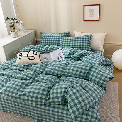 EAVD Green Gingham Comforter Set Twin XL Soft Fluffy 3-Piece Modern Green Grid Checkered Plaid Bedding Set with 2 Pillowcases for Boys Women Men Farmhouse Geometric Comforter Set for All-Season