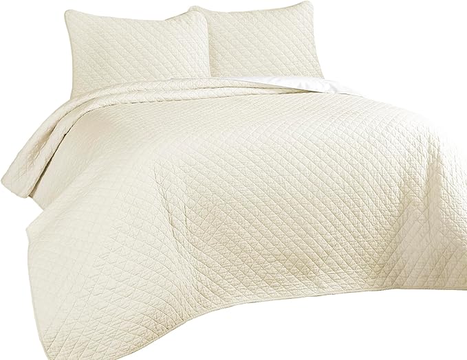 Lush Decor Ava Quilt Diamond Pattern Solid 3 Piece Oversized Bedding Blanket Bedspread Set - Full/Queen - Ivory