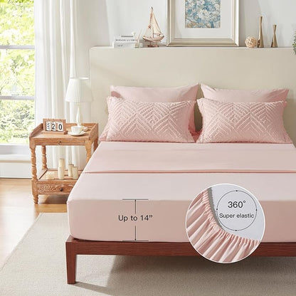 Zzlpp Twin Comforter Set 5 Pieces, Pink Tufted Bed in a Bag with Comforter and Pillowcase, All Season Boho Bedding Sets with 1 Comforter, 1 Pillow Sham, 1 Flat Sheet, 1 Fitted Sheet