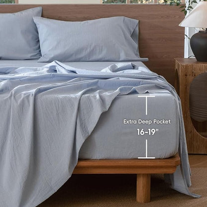 MooMee Fitted Bottom Sheet Only 100% Washed Cotton Linen Like Textured Breathable Durable Soft Comfy Deep Pocket Fits Mattress up to 17" (Cornflower Blue, Twin)