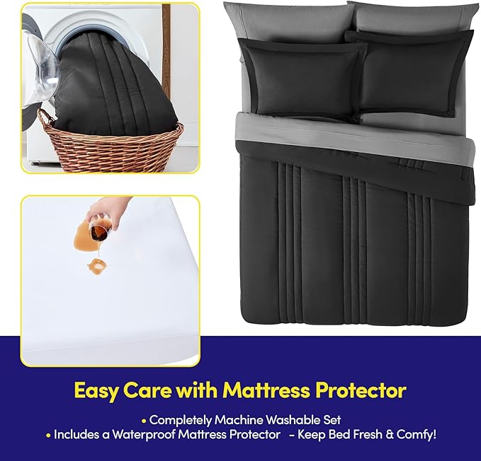 Full Size Comforter Set Quilted Stripe Bedding Bundle – Comforter, Mattress Protector, Sheets with Pockets on the Side & Built-in Corner Strap – Fitted Sheet Media Pocket for Devices, Black/Charcoal