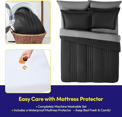 Full Size Comforter Set Quilted Stripe Bedding Bundle – Comforter, Mattress Protector, Sheets with Pockets on the Side & Built-in Corner Strap – Fitted Sheet Media Pocket for Devices, Black/Charcoal