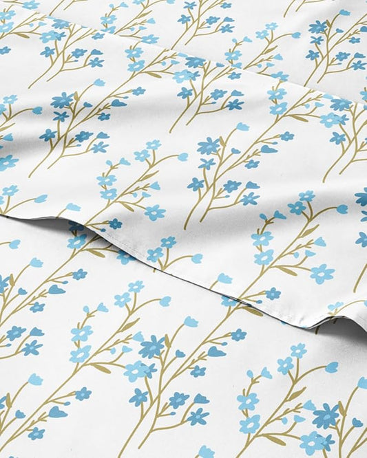 Floral Sheets - Blue Floral Bed Sheet Set - 1 Flat, 1 Fitted & 2 Pillowcases w/ Deep Pockets - Comfy, Wrinkle & Fade Free - Boho Botanical Bedding - Ultra-Soft, Breathable & Cooling - Queen Size Set