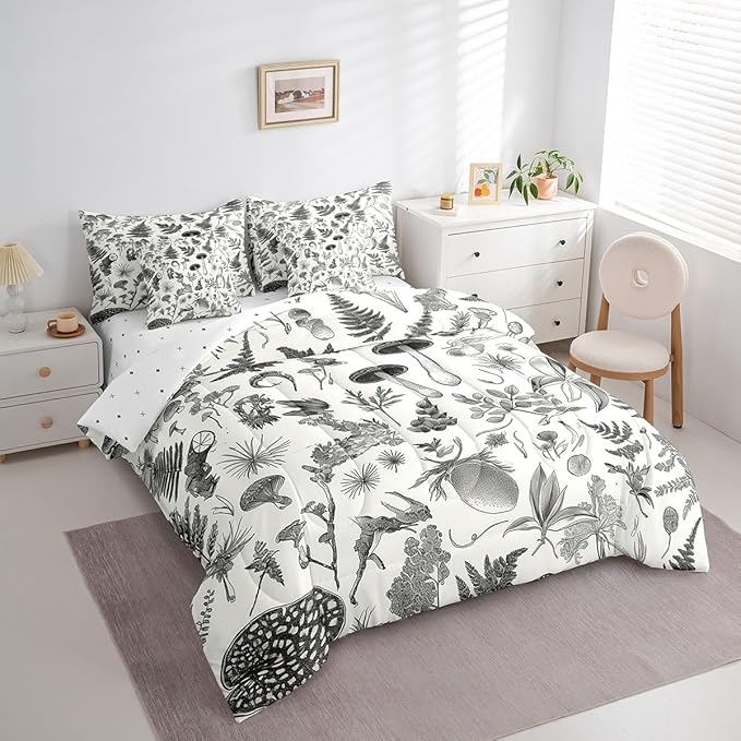 Castle Fairy Retro Jungle Mushroom Comforter Set Bed in a Bag 7 Pieces Twin,Wild Leaves Flowers Bedding Set,Rustic Botanical Plants (Comforter+Fitted+Flat Sheet+2 Pillowcases+2 Throw Pillow Covers)