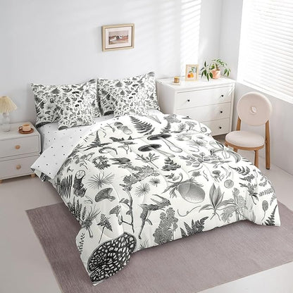 Castle Fairy Retro Jungle Mushroom Comforter Set Bed in a Bag 7 Pieces King,Wild Leaves Flowers Bedding Set,Rustic Botanical Plants (Comforter+Fitted+Flat Sheet+2 Pillowcases+2 Throw Pillow Covers)