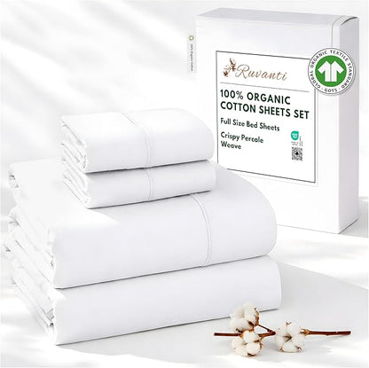 RUVANTI 100% Organic Cotton Sheets Full Size, Percale Weave, GOTS Certified, 4-Piece Set, Deep Pocket 15", Crisp & Breathable, Soft Durable Bedding, Sábanas Algodón Orgánico – Bright White