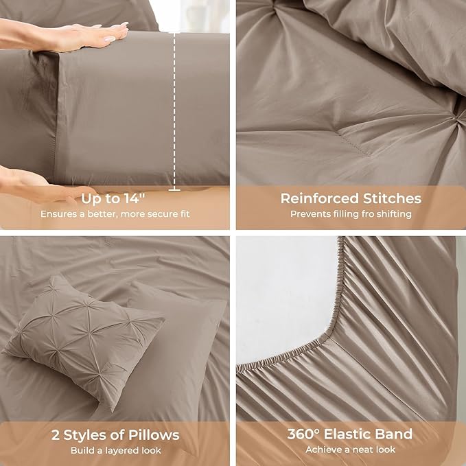 Sasttie Twin Comforter Set, 5-Piece Bed in a Bag, Pintuck Bedding Sets for All Season, Includes Comforter, Flat Sheet, Fitted Sheet, Pillowcase and Pillowsham, Dark Linen