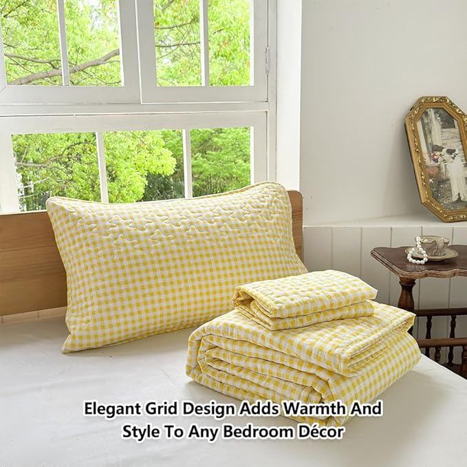 Yellow Gingham King Quilt Set, Soft Pre-washed Microfiber Yellow Plaid King Bedspread, Lightweight Checked Summer Quilt, Grid Bedding Coverlets for All Seasons (Includes 1 Quilt, 2 Pillow Shams)