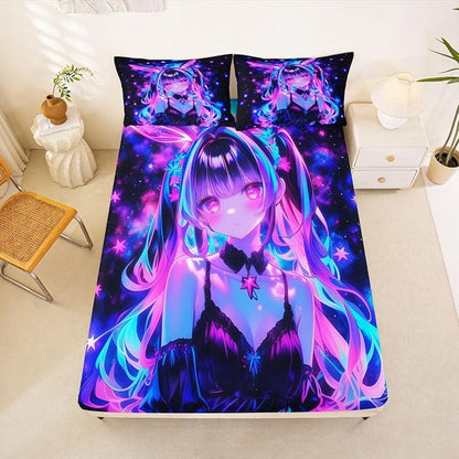 Erosebridal 3D Mushroom Girls Sheets for Boys Girls Japanese Modern Fashion Fitted Sheet,Abstract Graffiti Kids Bedding Sets Watercolor Aesthetic Bed Sets Queen 3 Piece