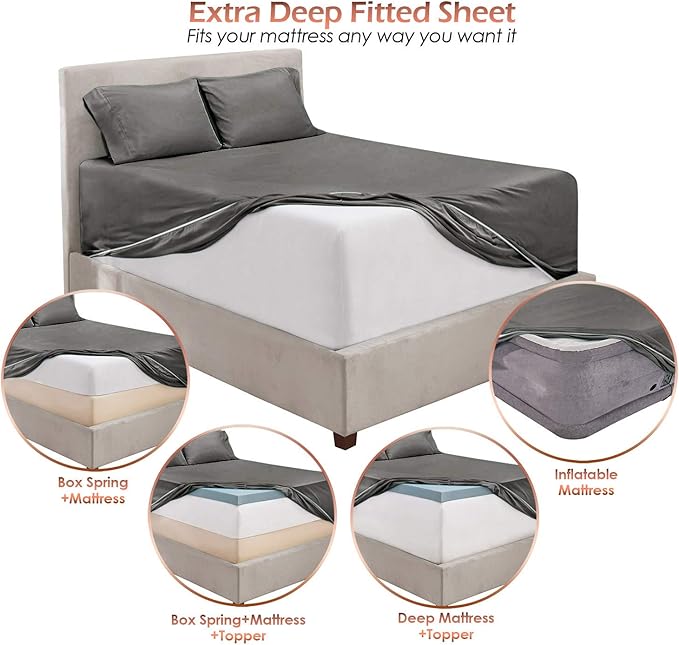 Hearth & Harbor Extra Deep Pocket Sheets - Fits Mattress 18-24 Inches Deep - Extra Deep Pocket Split King Size Sets - 7 Piece Split King Size - Grey