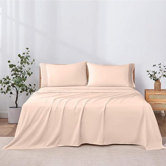 Modern Threads 3 Piece Microfiber Sheet Set – Soft Cooling Bed Sheets with Crochet Lace – Deep Pocket, Wrinkle Free, Breathable, Hotel Luxury Bedding, Blush Pink, Twin