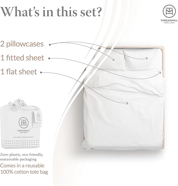 Threadmill Cotton Full Size Sheet Set| 100% Cotton Sheets for Full Size Bed | Solid Sateen Full Bed Sheets Set with 16” Elasticized Deep Pocket | Soft Breathable 4-Piece Cooling Sheet Set | White