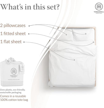 Threadmill Cotton Full Size Sheet Set| 100% Cotton Sheets for Full Size Bed | Solid Sateen Full Bed Sheets Set with 16” Elasticized Deep Pocket | Soft Breathable 4-Piece Cooling Sheet Set | White