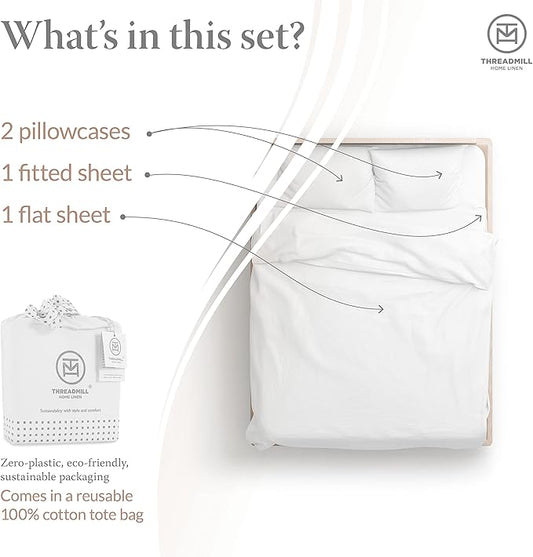 Threadmill Cotton Full Size Sheet Set| 100% Cotton Sheets for Full Size Bed | Solid Sateen Full Bed Sheets Set with 16” Elasticized Deep Pocket | Soft Breathable 4-Piece Cooling Sheet Set | White