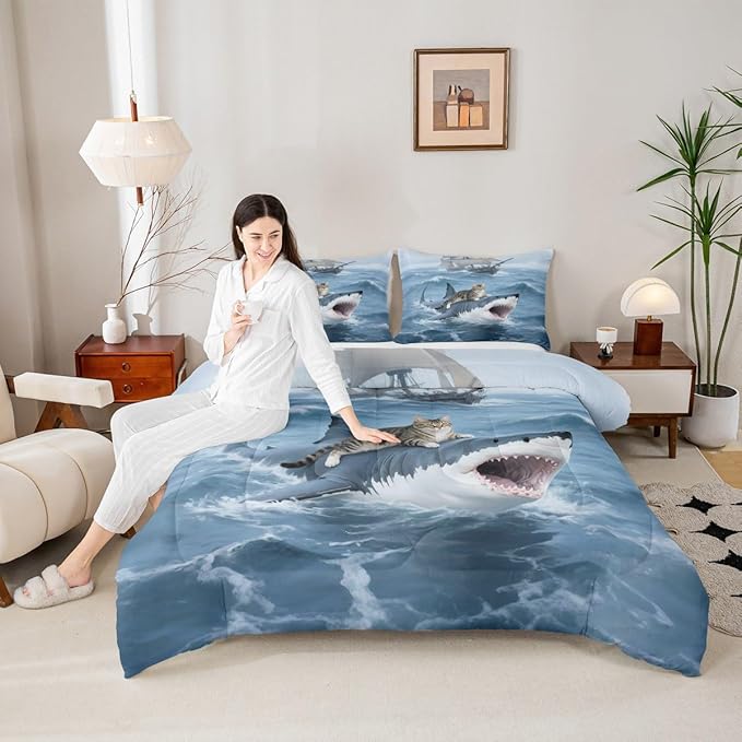 Erosebridal Kitten Comforter Set Queen Size Shark Bedding Set for Kids Girls Boys Safari Sea Waves Nautical Ocean Ship Blue White Comforter Warm Soft Quilt Insert