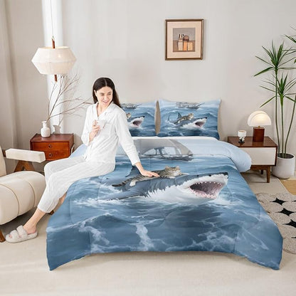 Erosebridal Kitten Comforter Set Queen Size Shark Bedding Set for Kids Girls Boys Safari Sea Waves Nautical Ocean Ship Blue White Comforter Warm Soft Quilt Insert