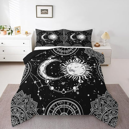 Sun and Moon Bedding Set Constellation Galaxy Comforter Set for Kids Boys Girls Teens Psychedelic Boho Mandala Comforter Breathable Celestial Duvet Set Black White Room Decor Quilt Cover Queen Size