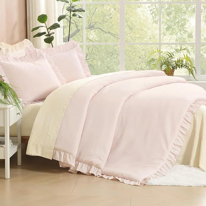 Litanika Light Pink Twin Size Comforter Sets, 2 Pieces Ruffle Farmhouse Aesthetic Bedding Comforter Sets, All Season Soft Lightweight Fluffy Microfiber Bed Set(66x90In Comforter, 1 Pillowcase)