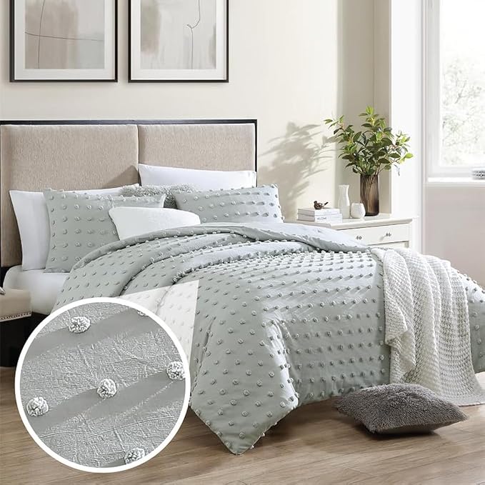 Swift Home Full/Queen Gray Comforter Set - Decorative Tufted Pom Poms Bedding Set - 3 Pieces Bed Linen, 1 Comforter and 2 Pillow Shams