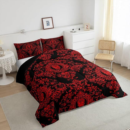Feelyou Adults Red Vintage Damask Floral Comforter Set Oriental Antique Comforter Twin Size Gothic Bohemia Boho Bedding Set Exotic Sugar Skull Duvet Set Quilt Set 2Pcs
