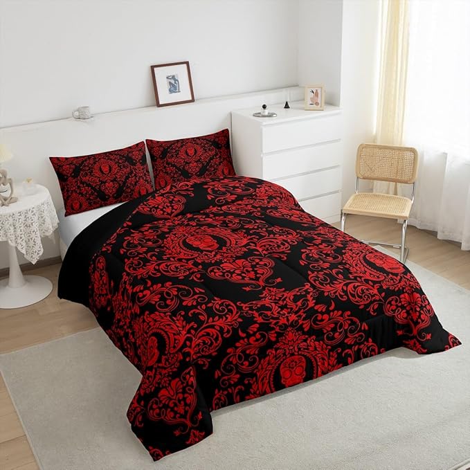 Feelyou Adults Red Vintage Damask Floral Comforter Set Oriental Antique Comforter King Size Gothic Bohemia Boho Bedding Set Exotic Sugar Skull Duvet Set Quilt Set 3Pcs