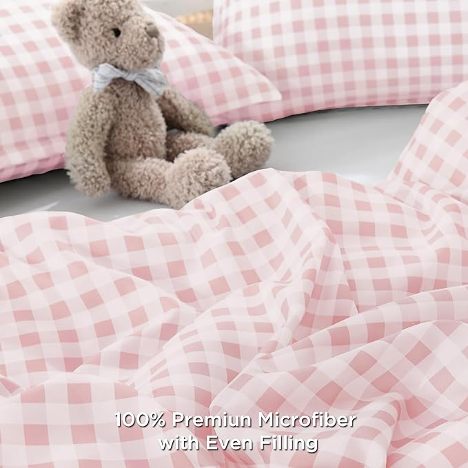 Andency Pink Gingham Comforter Set Queen(90x90Inch), Blush Checkered Grid Plaid Buffalo Bed Set for Girls Boys Kids Teens, 3 Pieces Lightweight Polyester Geometric Preppy Bedding