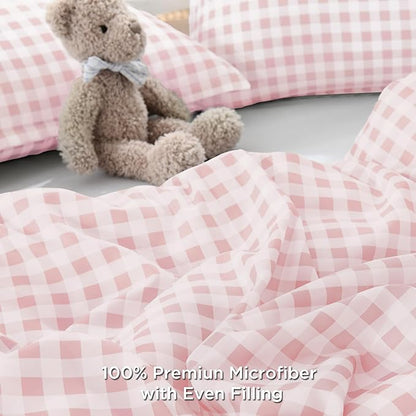 Andency Pink Gingham Comforter Set Twin(66x90Inch), Blush Checkered Grid Plaid Buffalo Bed Set for Girls Boys Kids Teens, 2 Pieces Lightweight Polyester Geometric Preppy Bedding