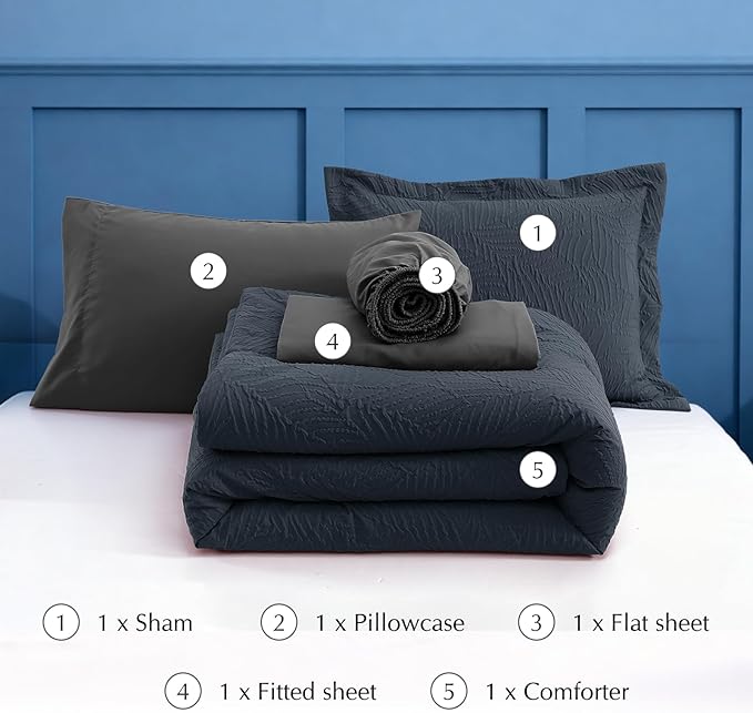 Geniospin Twin Comforter Set - 5 Pieces Blue Gray Textured Bed in Bag, Twin Bedding Sets with Comforter, Sheets, Pillowcases & Shams, All Season Blue Gray Bedding