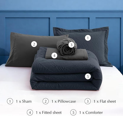 Geniospin Twin Comforter Set - 5 Pieces Blue Gray Textured Bed in Bag, Twin Bedding Sets with Comforter, Sheets, Pillowcases & Shams, All Season Blue Gray Bedding