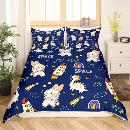 Cute Rabbits Bedding Set Kids Boys Dinosaurs Duvet Cover Set Cartoon Rocket Comforter Cover Set Starry Galaxy Navy Bedspread Cover Bedroom Quilt Cover 2Pcs Twin with 1 Pillowcase,No Comforter