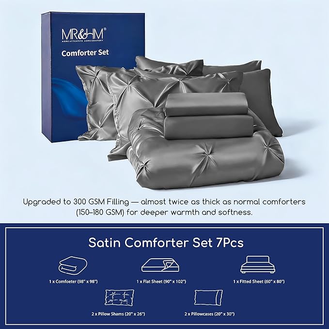 MR&HM Satin Comforter Set Oversized Queen, 7 Piece Bed in a Bag, Silky Soft All Season Bed Set, Luxury Pinch Pleat Bedding Set with Comforter, Sheets, Pillowcases & Shams, Dark Grey