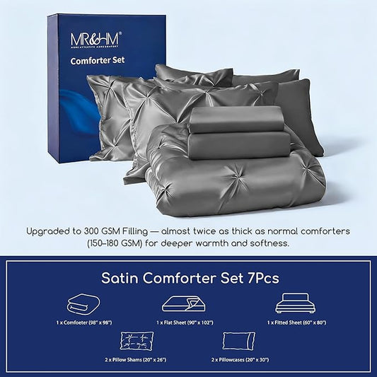 MR&HM Satin Comforter Set Oversized Queen, 7 Piece Bed in a Bag, Silky Soft All Season Bed Set, Luxury Pinch Pleat Bedding Set with Comforter, Sheets, Pillowcases & Shams, Dark Grey