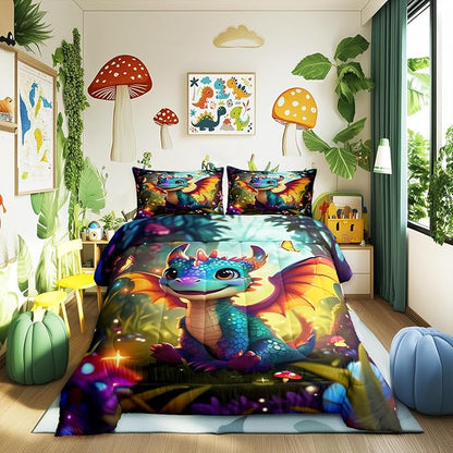 Castle Fairy Cartoon Dragon Bedding Set Full Size Polka Dot Mushroom Comforter Set for Kids Teens Room Decor Cute Western Dragon Duvet Insert Fantasy Jungle Butterfly Down Comforter Set,3Pcs