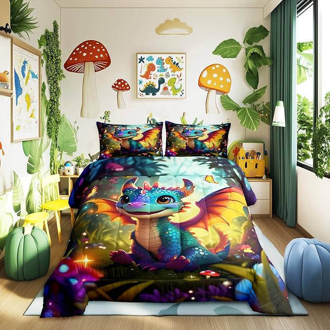 Castle Fairy Cartoon Dragon Bedding Set King Size Polka Dot Mushroom Comforter Set for Kids Teens Room Decor Cute Western Dragon Duvet Insert Fantasy Jungle Butterfly Down Comforter Set,3Pcs
